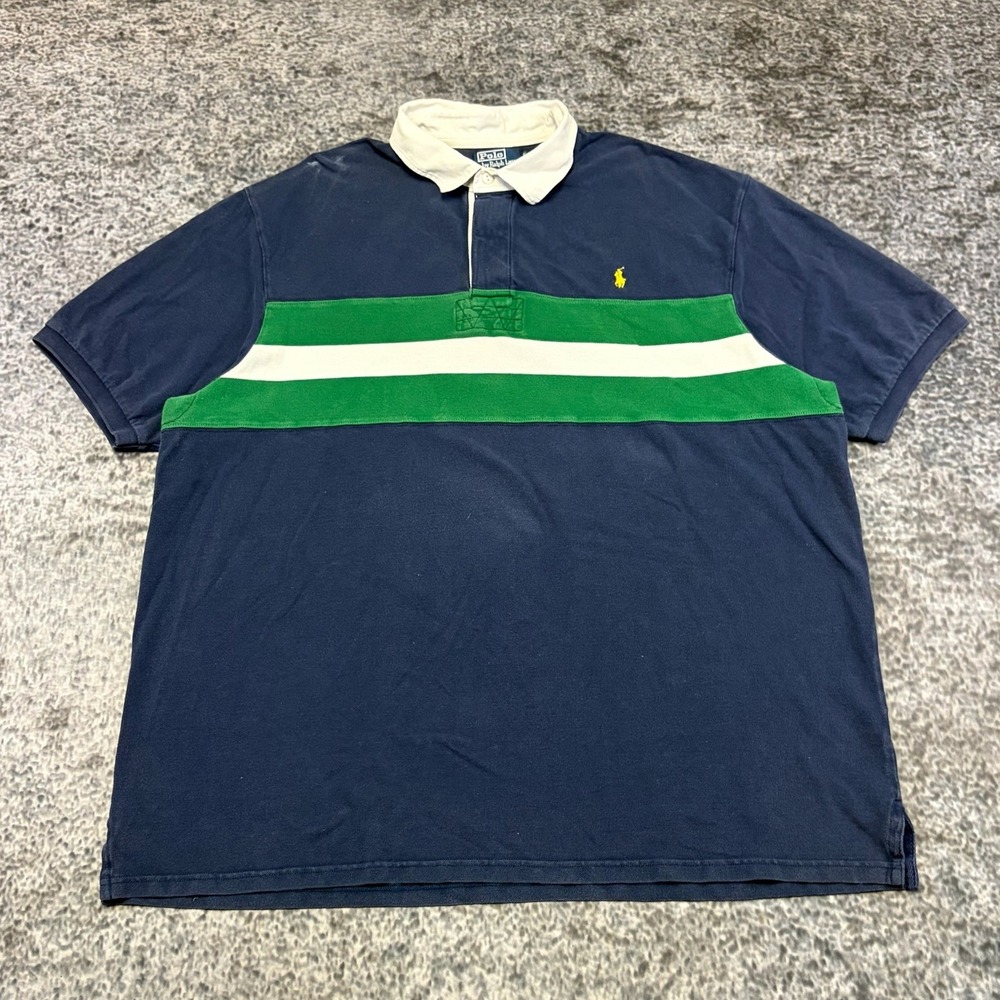 Vintage Polo Ralph Lauren Rugby Shirt Mens 3XLT Striped Blue White Green Pony